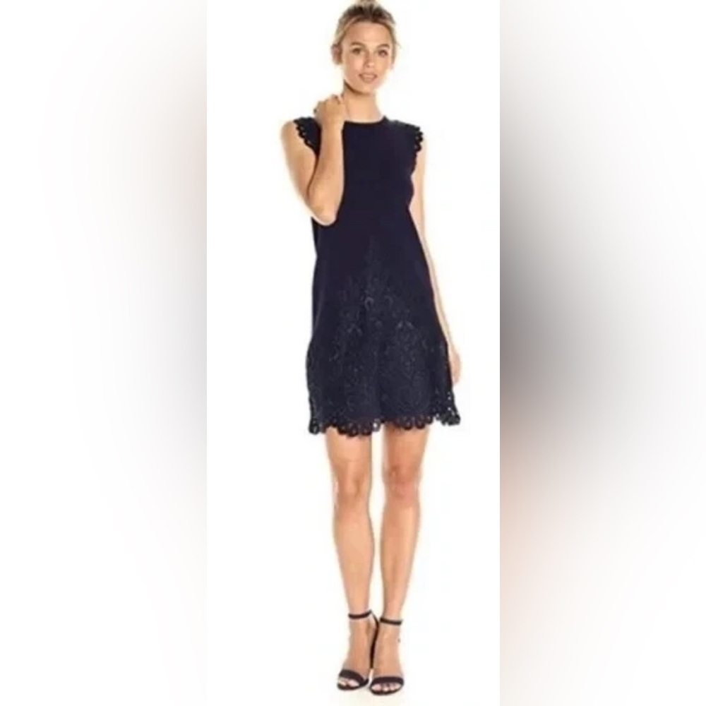 Ted Baker London Luccia Knit A-line Navy Dress w Scalloped Black Lace Detail CL3